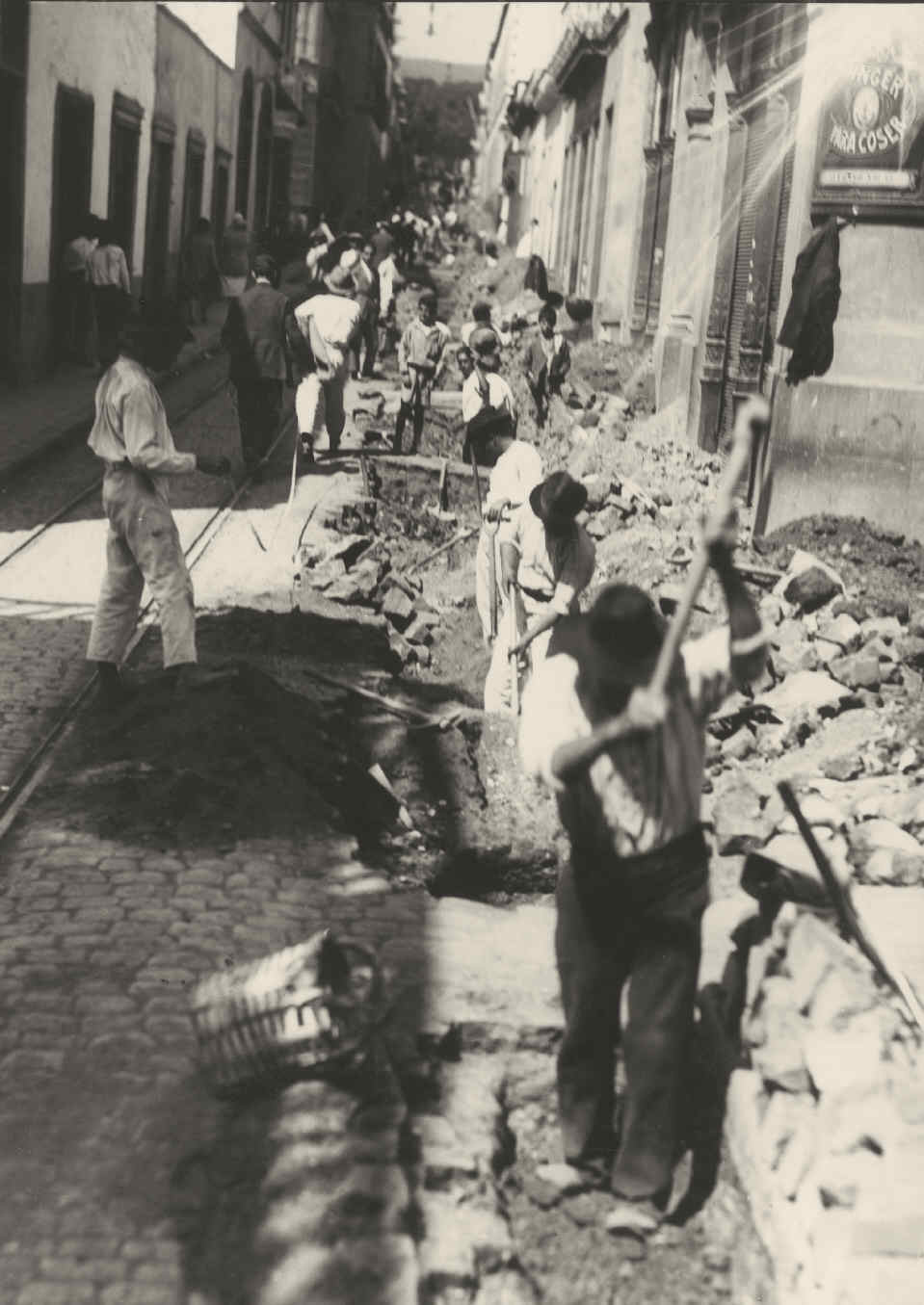 Canalisation in Alfonso XIII street. Steps are left in front of each house to reduce the nuisance that our canalisation causes to the neighbourhood. Santa Cruz de Tenerife.