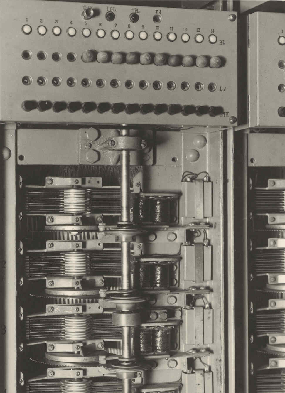 Jordan Power Station. Partial view of a 1st search engine rack showing the test panel, jacks and occupancy and overload lamps.