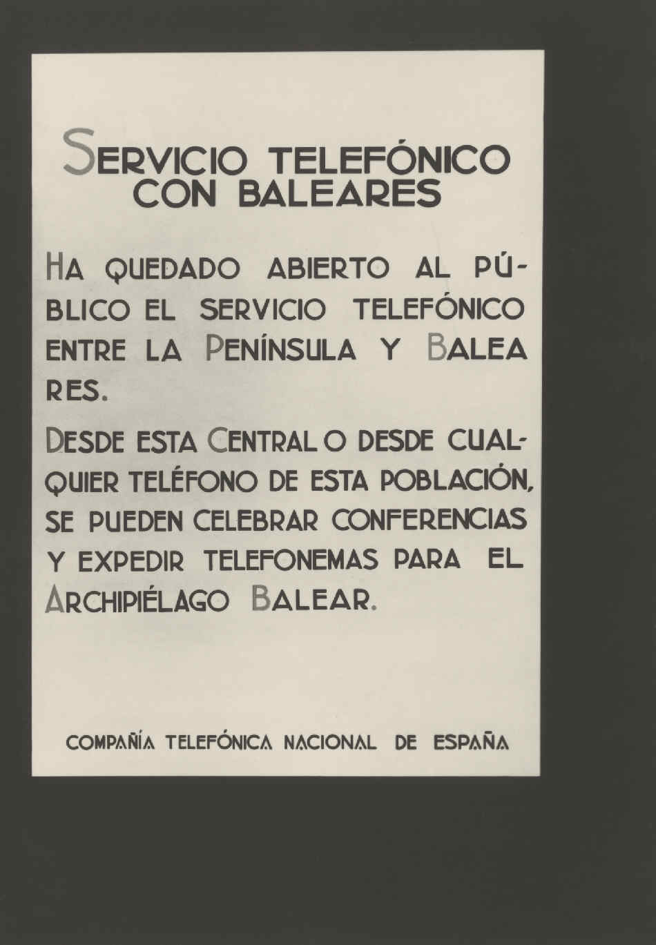 Announcement of the opening of the Balearic Islands telephone service.