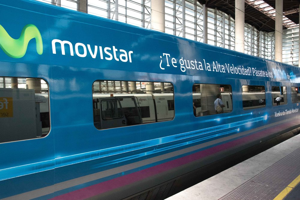 MADRID-BARCELONA AND MADRID-SEVILLA AVE TRAINS ARE DRESSED IN BLUE DURING THE SUMMER TO ADVERTISE TELEFÓNICA'S 300 MEGABYTE FIBRE-OPTIC CONNECTION.